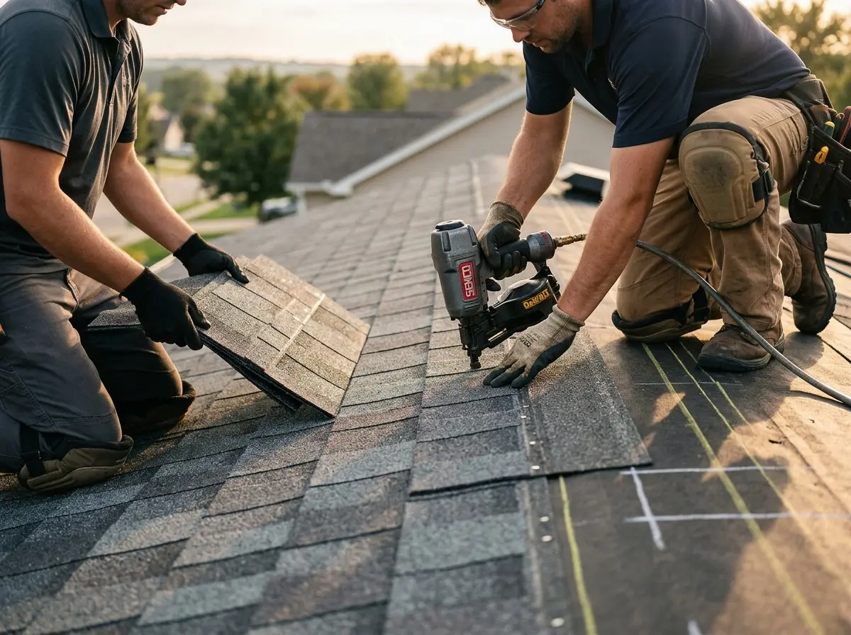 Professional roofer working on a residential roof in Goose Creek